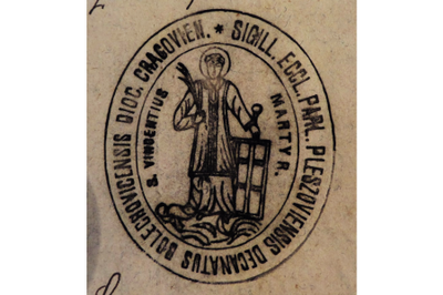 Pieczęć parafii św. Wincentego w Pleszowie, księga urodzeń, 1890-99, Archiwum Narodowe w Krakowie